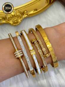 ZCNC 5pcs/Set Personalized Multi-Color Stainless Steel Bracelet & Bangle Set, Unique Design, Fashionable, Multi-Element, Exquisite Ideal Gift, Non-Fading Jewelry, Stylish - Gold 13 - View 3