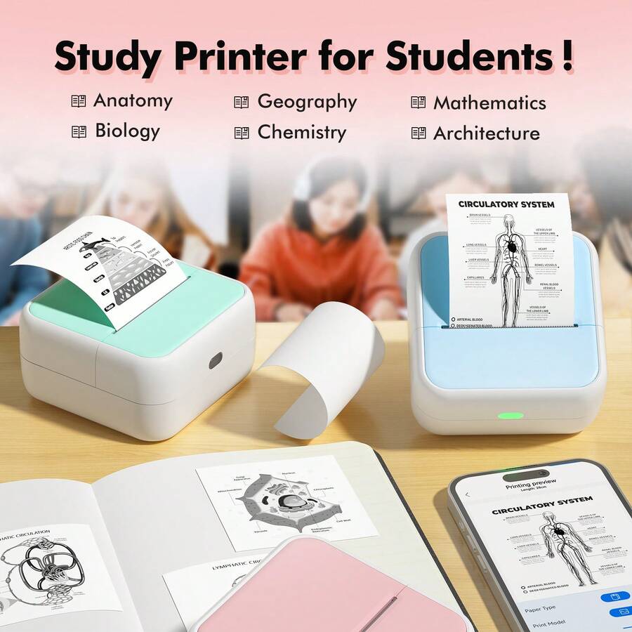 Máquina de impresión de errores en miniatura, impresora de aprendizaje, impresora de etiquetas térmicas, adecuada para múltiples escenarios, conexión Bluetooth con smartphone, disponible en rosa/verde/azul/blanco/amarillo, esencial de aprendizaje para estudiantes y el hogar, incluye bolsa de almacenamiento, portátil y compacta, plug and play - Blanco - Ver 1