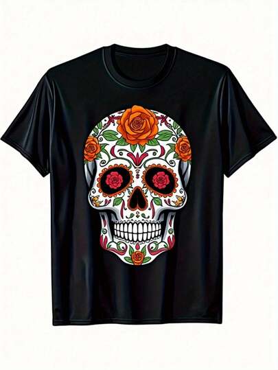 Plus Size,100% Day of The Dead Sugar Skull T-Shirt - Vibrant Mexican Folk Art Floral & Geometric Print,Black with Multicolor Sugar Skull Design,Regular Fit Short Sleeve Round Neck Tee for Halloween,Day of The Dead Costume & Casual Wear - Unisex Adult & Sizes,Ideal Gift for Men,Women,Family & Friends - Day of The Dead Party Apparel,Plus Size Women Clothes,Curvy Plus Size Women Clothing,Plus Size Women Top,Plus Size Women Clothes Cheap,Women Plus Size,S