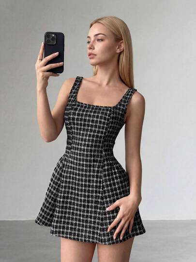 Đầm ngắn không tay đơn giản, thanh lịch dành cho nữ, chất liệu vải kẻ caro, cổ áo hai dây, kiểu dáng trang nhã, đầm hè cho nữ, đầm đi nghỉ mát, đầm dự tiệc thanh lịch, đầm đi biển cho nữ, đầm dự tiệc cưới, trang phục ngoài trời, đầm sinh nhật cho nữ, đầm thanh lịch cho nữ, trang phục đi biển cho nữ, đầm thường ngày cho nữ.