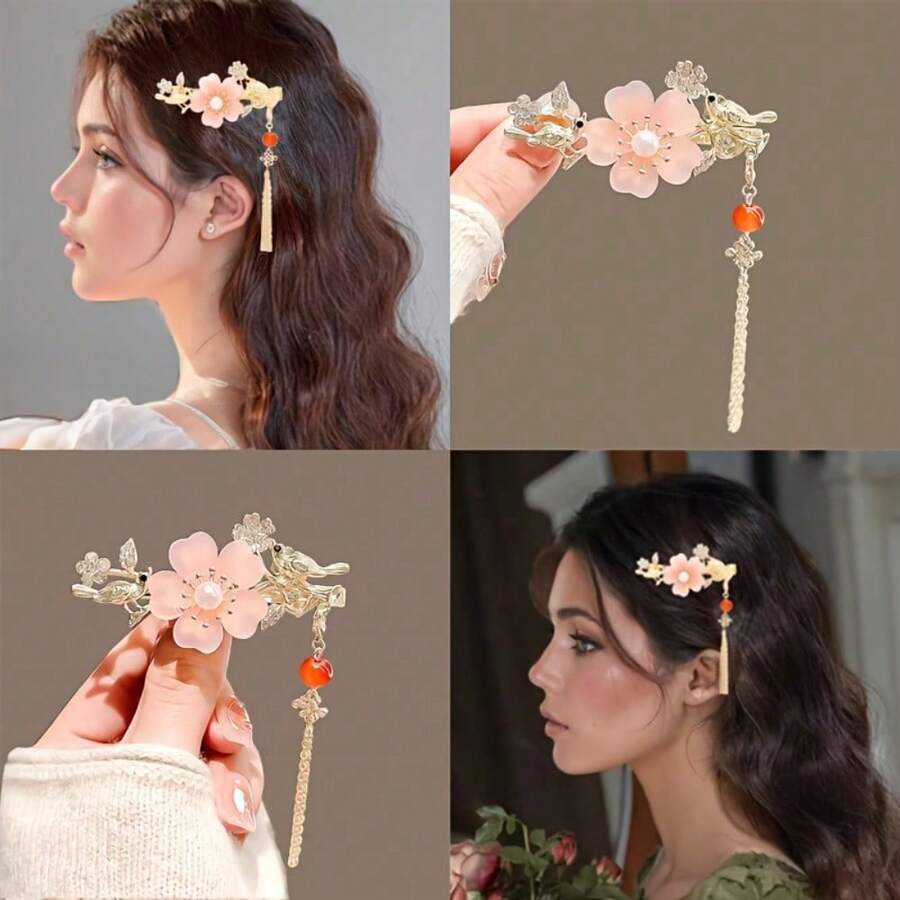 1pc Elegant Retro High-Quality Cherry Blossom Hair Stick, Girls' Casual Party Supplies, Princess Fairy Chinese-Style Hair Accessories - 粉色 - 查看 1