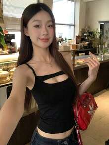 Women's Black Spaghetti Strap Hollow-Out Backless Crop Top, High Stretch Tight Fit Clubwear - Black - View 3