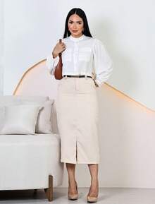Women's Elegant Tailored Midi Skirt With Belt - 米色 - 查看 1