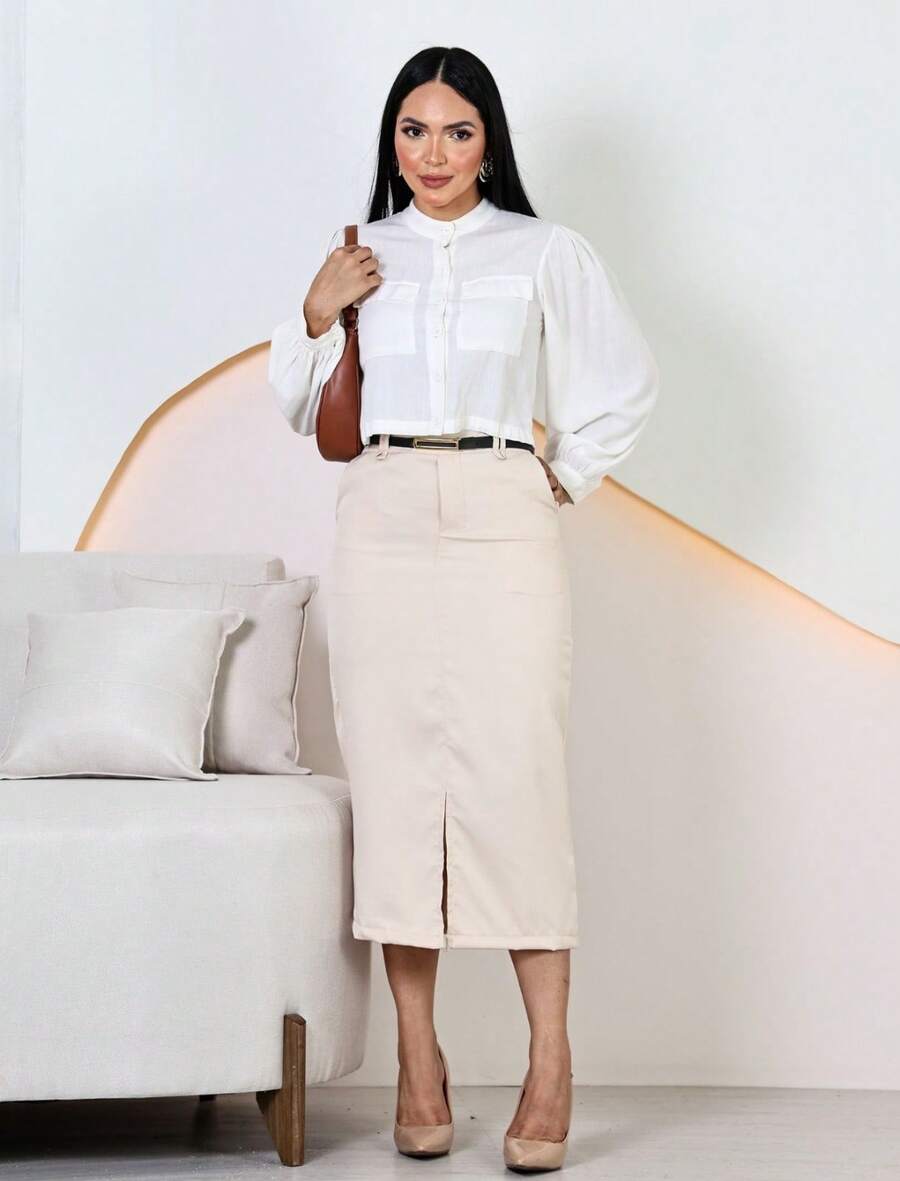 Women's Elegant Tailored Midi Skirt With Belt - 米色 - 查看 1