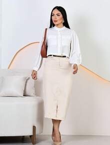 Women's Elegant Tailored Midi Skirt With Belt - 米色 - 查看 6