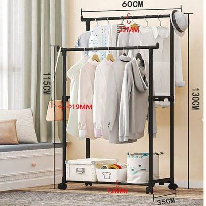 1pc Single/Double Pole Wheeled Drying Rack, Simple Freestanding Clothes Rack With Shoe & Hat Holder, Multi-Tier Storage Rack