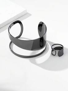 一套男女皆宜的时尚黑色镍几何戒指和手链套装，适合节日、派对、舞会和日常佩戴。 - 黑色 - 查看 5