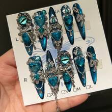 10 Handmade Armor-Wearing Blue Cat Eye Glittering Heart Sparkling Heavy Industrial Nail Art Spring/Summer Style White False Nails - 彩色 - 查看 3