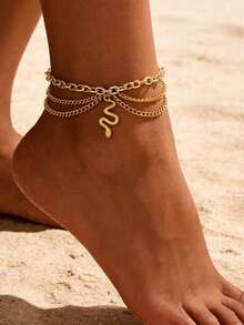 1pc Snake-Shaped Multi-Layer Anklet, Fashionable & Unique Ankle Jewelry For Women, Suitable For Daily Wear And Beach Vacation - Gold - View 3