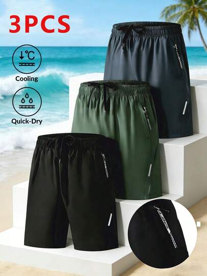 Bộ 3 quần short thể thao nam, thích hợp cho mùa xuân/hè, nhanh khô, có túi khóa kéo, dây rút ở eo, nhẹ và thoáng khí, quần short tập luyện, phù hợp cho phòng tập, chạy bộ và tập thể dục.