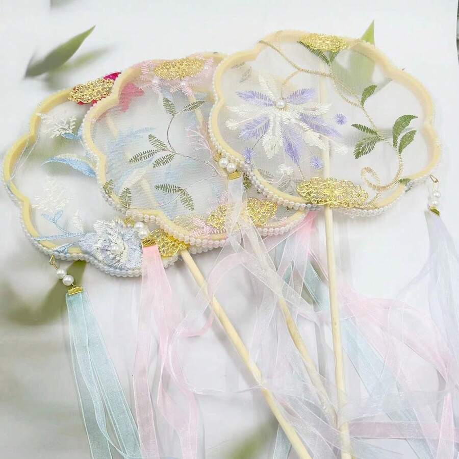 1pc Chinese Folding Paper Fan With Tassels, Traditional Floral Pattern Design, Lightweight Plastic Handheld Fan For Women, Suitable For Hanfu, Home Decor, Cultural Gifts - Multicolor - View 1