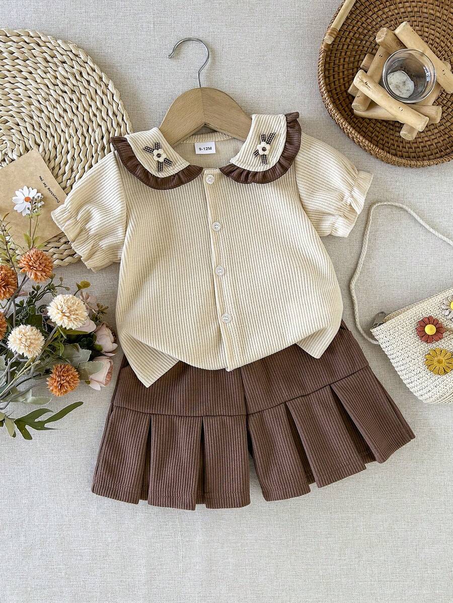 Girls' School Style Ribbed Set, Doll Collar Short Sleeve Shirt + Anti-Flashing Pleated Skort, Korean Sweet Style, Breathable For Spring/Summer, Suitable For School And Outings - Brown - View 1