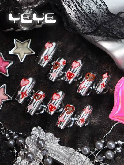 10pcs Fake Nails Press On Square,European Style Metal Silver,Paint Heart,Four-Pointed Star,Leopard Print,Funny Full Coverage Press On Nails Acrylic Designs Set,Hot Girl Punk Nail Supplies For Girls And Women With 1pc Mini Nail File & 1 Sheet Adhesive Tabs,Rock Nail Art Suitable For Party, Wedding, Daily Wear