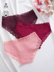 3pcs/Set Solid Color Cotton Ribbed Lace Patchwork Sexy & Comfortable Women's Panties, Suitable For Valentine's Day, Christmas, Autumn/Winter, Spring/Summer Daily Wear - Multicolor - View 3