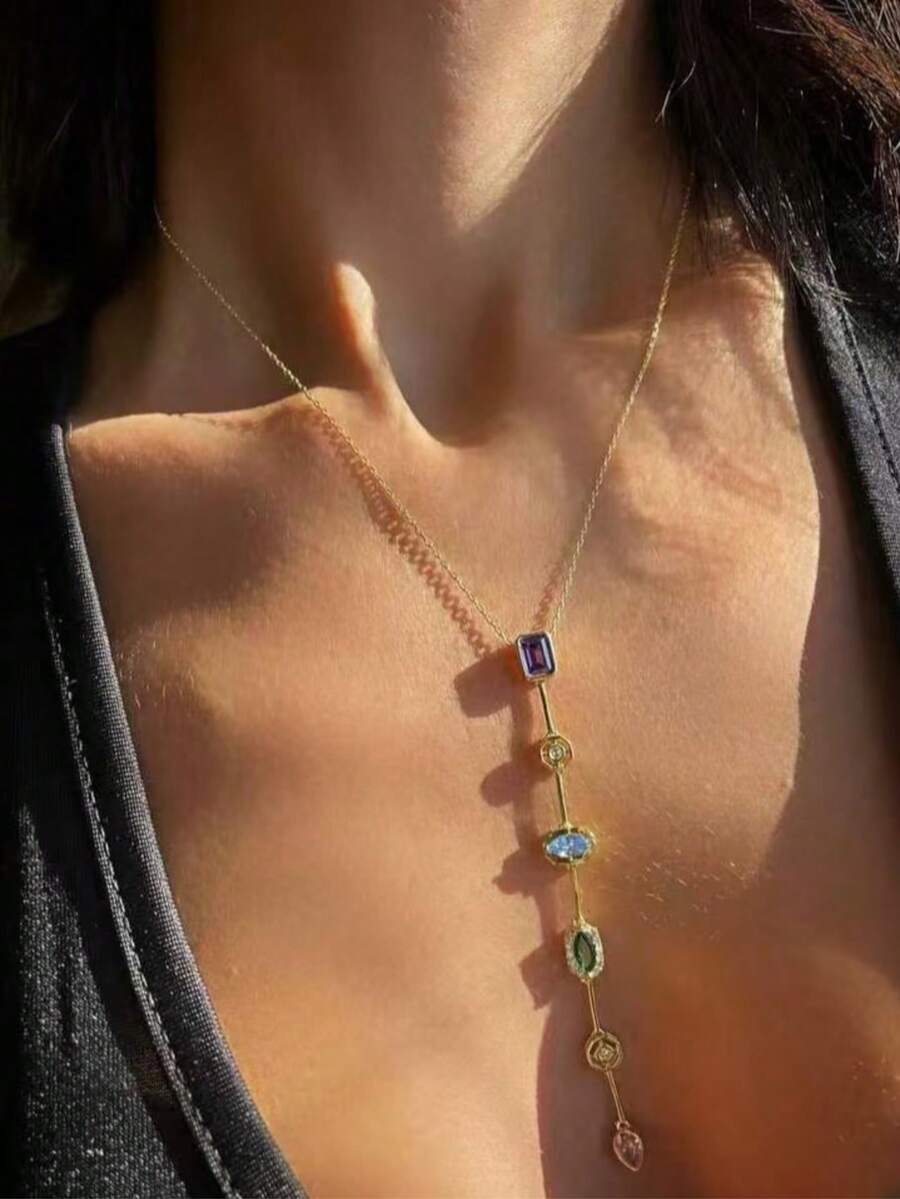 1 pieza Collar colgante largo de circonita colorida y versátil de alta gama, adecuado para el uso diario de las mujeres - Collar largo con colgante de circonitas de colores - Ver 1