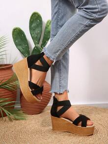 Women's Criss-Cross Platform Wedge Sandals With Zipper Closure Thick Woven High Heels - Green - View 4
