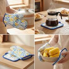 2 件套夏季柠檬印花隔热手套和隔热垫套装，耐热加厚涤纶厨房手套，防滑设计，适用于烘焙烹饪（包含 1 个隔热手套和 1 个隔热垫） - 彩色 - 查看 6
