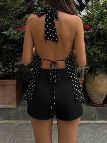 Look Polly 女士夏季露背波点吊带衫，简约系带露背设计，性感露背系带上衣，适合海滩、度假、约会、聚会等场合。 - 黑色 - 查看 2