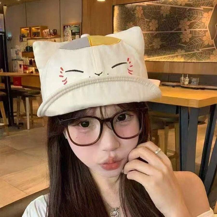 Cute Rilakkuma 3D Ear Baseball Cap | Cartoon Soft Top Dad Hat For Kawaii Girls - 米色貓咪 - 查看 1