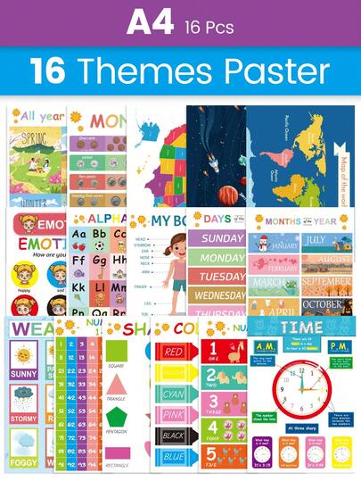 1 trong 16 tờ giấy dán tường giáo dục, khổ A4, tranh ảnh gia đình với bảng chữ cái, số, màu sắc, hình dạng, thời tiết, cảm xúc và địa lý, rất phù hợp để trang trí phòng ngủ, phòng chơi và lớp học. Oho Estudio