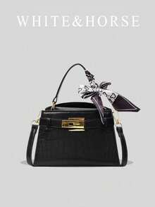 优雅奢华小方包，新款时尚百搭鳄鱼纹压花手提包，女士通勤单肩斜挎包 - 黑色 - 查看 1