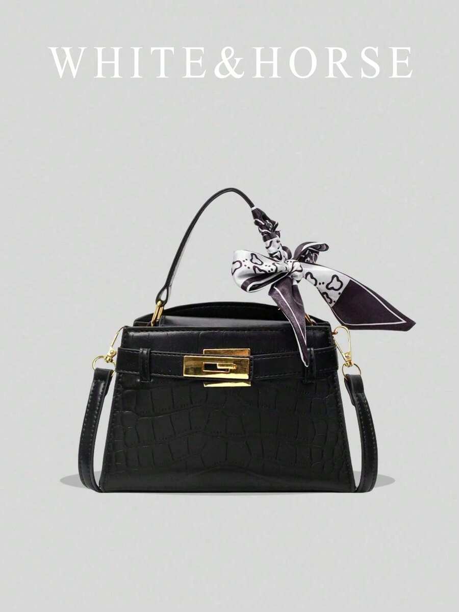 优雅奢华小方包，新款时尚百搭鳄鱼纹压花手提包，女士通勤单肩斜挎包 - 黑色 - 查看 1