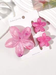 3件套覆盆子粉色亮面大理石纹扎染多层雏菊发夹套装，清新春日浪漫少女柔美活力风，适合海滩、派对、野餐等夏季装扮，爪夹沙滩配饰度假必备 - 彩色 - 查看 5