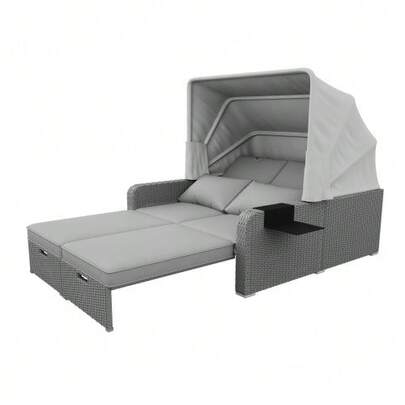 Polyrattan Gartenmöbel Für 2 Personen, Gartensofa, Loungesofa, Abnehmbare Markise,Polyrattan Und Schwamm,Grau