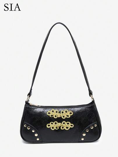 SIA 女士复古拿破仑风格装饰单肩腋下法棍包，适合工作、通勤、约会、派对等场合。