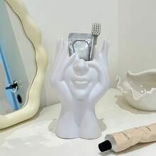 1/2pcs Face-Shaped Plastic Pen Holder, Cute Half-Body Female Head Design Storage Box, Flower Pot Pen Holder, Makeup Brush Organizer - Multicolor - View 7