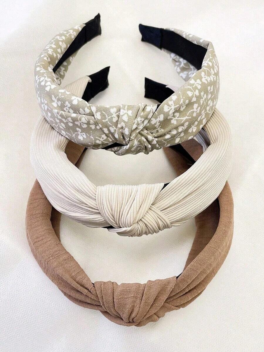 3pcs/Set Women Minimalist Floral Solid Fabric Headbands, Outdoor Washroom Headwrap Hair Accessories For Everyday Use,Hairband,Hair Hoop Head Accessories - Cà phê - Xem 1