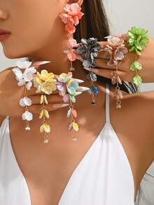 1 par de pendientes de gota negros con borlas largas y florales de lujo, adecuados para el uso diario y las vacaciones en la playa de las mujeres - Negro - Ver 1