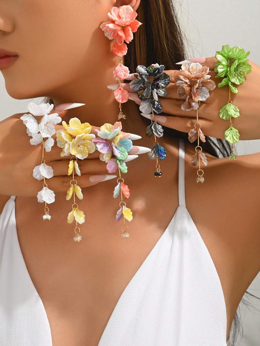1 par de pendientes de gota negros con borlas largas y florales de lujo, adecuados para el uso diario y las vacaciones en la playa de las mujeres - Negro - Ver 1