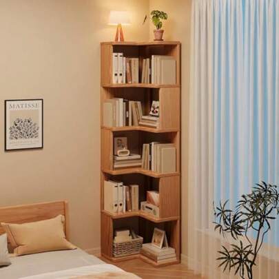 MURAMASA Librero en Forma de L Esquinero de 5 Niveles con Bafle Librero Organizador Industrial para Sala Oficina y Dormitorio Estante de Esquina de Madera Sólida