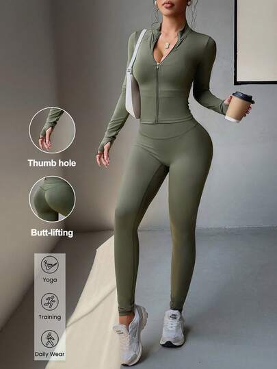 Aoqta Sports Women's 2-Piece Set, Spring/Summer Casual Outdoor Sports Solid Color Yoga Outfit, Zip-Up Long Sleeve Top Paired With Slim Fit Pants, Suitable For Outdoor Fitness, Pilates, Running And Other Sports