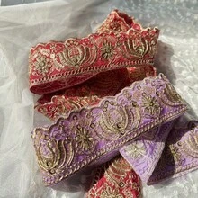 2026新款 100cm 紗麗布料裝飾 - 多色刺繡紗麗邊飾，適用於杜帕塔 - 刺繡布蕾絲 - 紫色 - 查看 7