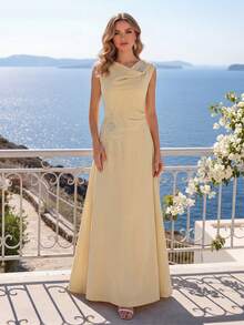 Elegant Women's Long Formal Gown, V-Neck Shawl Collar Design With Embroidery And Rhinestone Embellishments - Apricot - View 1