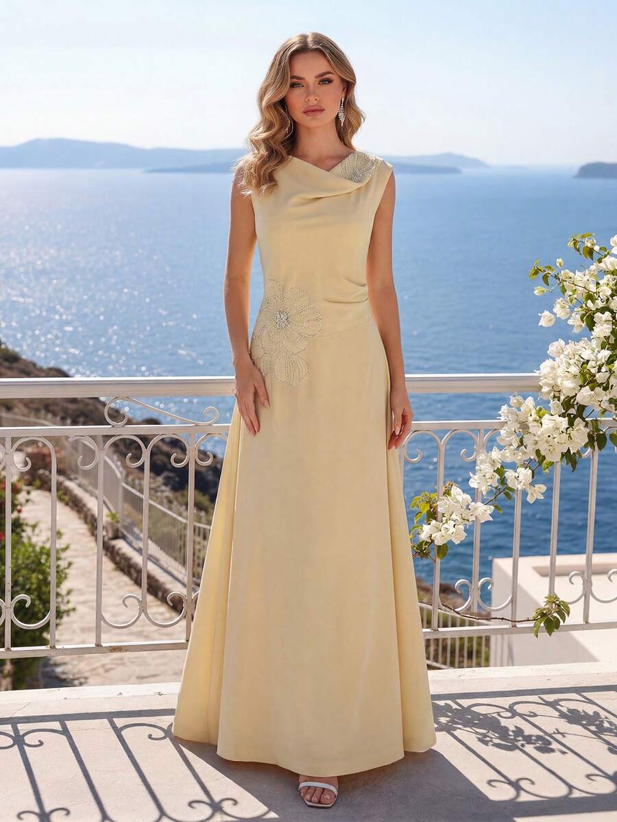 Elegant Women's Long Formal Gown, V-Neck Shawl Collar Design With Embroidery And Rhinestone Embellishments - Apricot - View 1