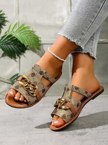 Women's Fashion Versatile Slippers, Minimalist Floral Pattern Round Toe Flat Slides, Indoor Outdoor Viral New Slippers In Black, Pink, Apricot - Camel - View 2