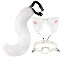 Halloween Animal Ears & Tail Set, Cosplay Props For Anime Convention, Cat Girl Animal Ears Cosplay, Handmade Cat Ear Headband & Cat Tail Set, Handmade Realistic Cat Ear Headband & Fox Tail Accessory, Anime Animal Ears & Tail Set With Bell Collar - Gray 2-piece Set - View 23