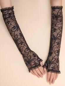 1 Pair Fashion Versatile Lace Embroidered Mesh Sheer Long Sleeve Floral Print Hollow-Out Fabric - Multicolor - View 4