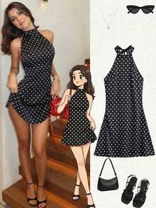 Đầm mini ôm sát gợi cảm, thời trang dành cho nữ, họa tiết chấm bi, dây mảnh, hở lưng, thích hợp cho các buổi tiệc tối. - màu đen - Xem 4