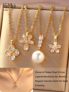 Hihho Dây chuyền nhiều lớp hình cỏ bốn lá đính đá Cubic Zirconia và hoa năm cánh đính ngọc trai, phù hợp cho phụ nữ đi làm hàng ngày, hẹn hò, đa năng, dễ phối với váy vào mùa xuân và trang phục trễ vai vào mùa hè, tạo nên vẻ quyến rũ. - Vàng - Xem 1