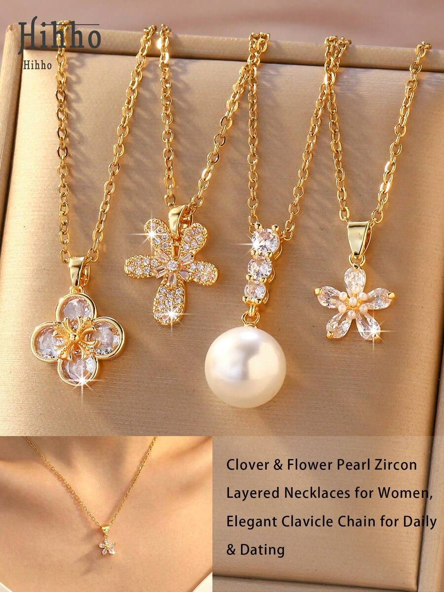 Hihho Dây chuyền nhiều lớp hình cỏ bốn lá đính đá Cubic Zirconia và hoa năm cánh đính ngọc trai, phù hợp cho phụ nữ đi làm hàng ngày, hẹn hò, đa năng, dễ phối với váy vào mùa xuân và trang phục trễ vai vào mùa hè, tạo nên vẻ quyến rũ. - Vàng - Xem 1