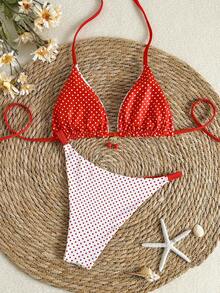 Women's Reversible Polka Dot Printed Bikini 2 Pieces Set, Fashionable Elegant Sexy Summer Beach Pool Party Swimwear Vacation - Red and White - View 7