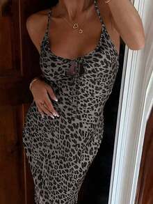 女士豹纹性感紧身吊带长裙，适合派对和夏季穿着，优雅迷人 - 彩色 - 查看 3