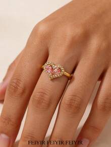 Dainty Pink Double Droplet Cubic Zirconia Heart Rings, 18K Gold-Plated & Silver Color Open Ring For Women, Golden Waterproof Wedding Jewelry Prom Accessories, Gifts For Mom/Best Friends - Heart & - View 2