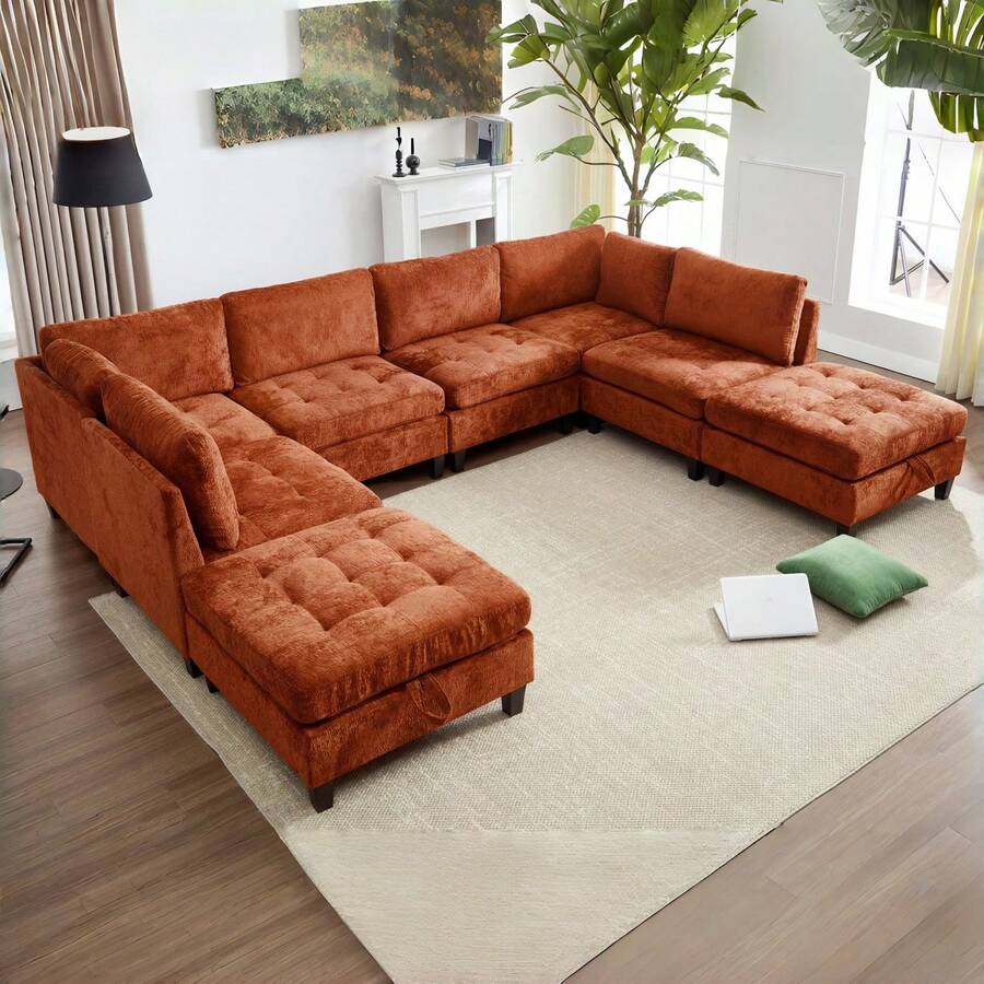 Advwin Oversized Modular Sectional Sofa, 5/6/7/8 Seat Plush Chenille Couch With Storage Ottoman & Thick Cushions, Modern Comfy Convertible L Shaped Sleeper Sofa Bed For Living Room - 亮橙色 - 查看 1
