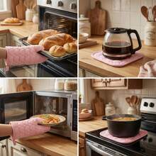 Bộ 4 món găng tay lò nướng và miếng lót nồi hình trái tim dễ thương, làm bằng cotton mềm mại chịu nhiệt, màu hồng, thích hợp để nướng và nấu nướng (Bao gồm 2 găng tay lò nướng và 2 miếng lót nồi). - Hồng - Xem 6