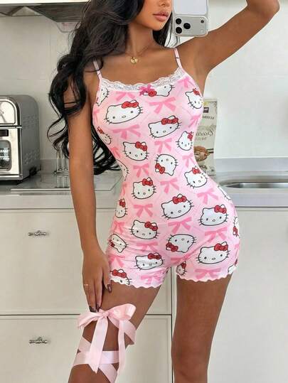 SANRIO 1pc Hello Kitty Printed Lace Trim Camisole Jumpsuit, Comfortable Casual Jumpsuit For Spring/Summer/Autumn